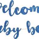 Welcome Baby Boy Banner - Blue Glitter Party Sign for Baby Shower, 1st / 6 Months/Gender Reveal Celebration