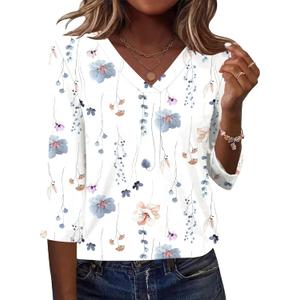 AKEWEI 3/4 Length Sleeve Womens Tops V Neck T Shirts Dressy Casual Pleated Spring Fashion 2026 Work Blouses (Large)