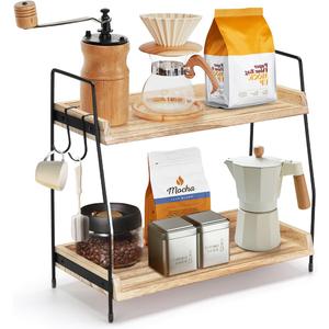 2-Tier Coffee Station Organizer for Countertop, Wooden Coffee Bar Organizer with 2 Cup Hooks, Countertop Storage for Bathroom, Kitchen, Holiday Decorations 2-Tier Coffee Station Organizer for Countertop, Wooden Coffee Bar Organizer with 2 Cup Hooks, Countertop Storage for Bathroom, Kitchen, Holiday Decorations