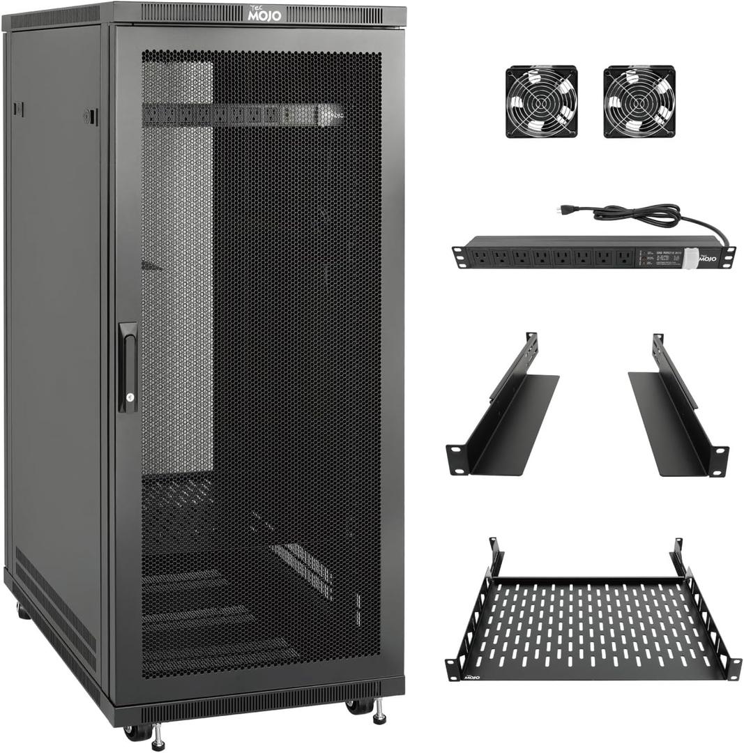 Tecmojo Network Rack Cabinet,27U Server Rack,31.5 Inch Depth,Hold Up to 1800Lbs,Lockable Cabinet with Casters and Complete Accessories,Mesh Door,for Home,Office,Small Business (27U 23.6" w*31.5" d)