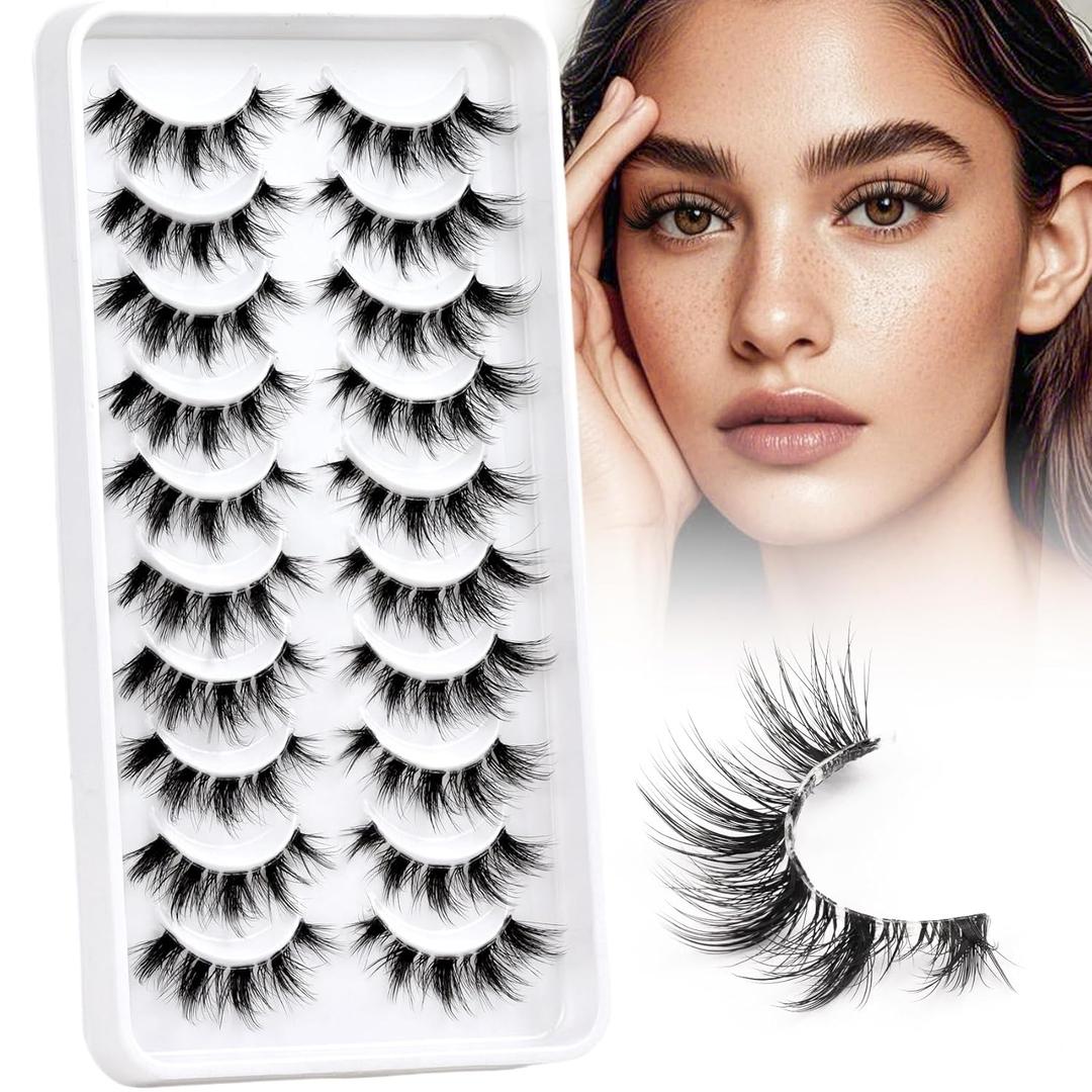 Losha Lashes Natural Cat Eye Lashes 10 Pairs Wispy False Eyelashes with Clear Band 7-14mm Faux Mink Lashes C Curl Lash Strips with Multi-layered Design (FT02)