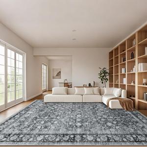 8x10 Washable Rug for Living Room, Large Vintage Indoor Area Rug Non Slip, Thin Throw Floral Floor Low Pile Carpet for Bedroom Office Nursery Dining Room Dorm Distressed Grey