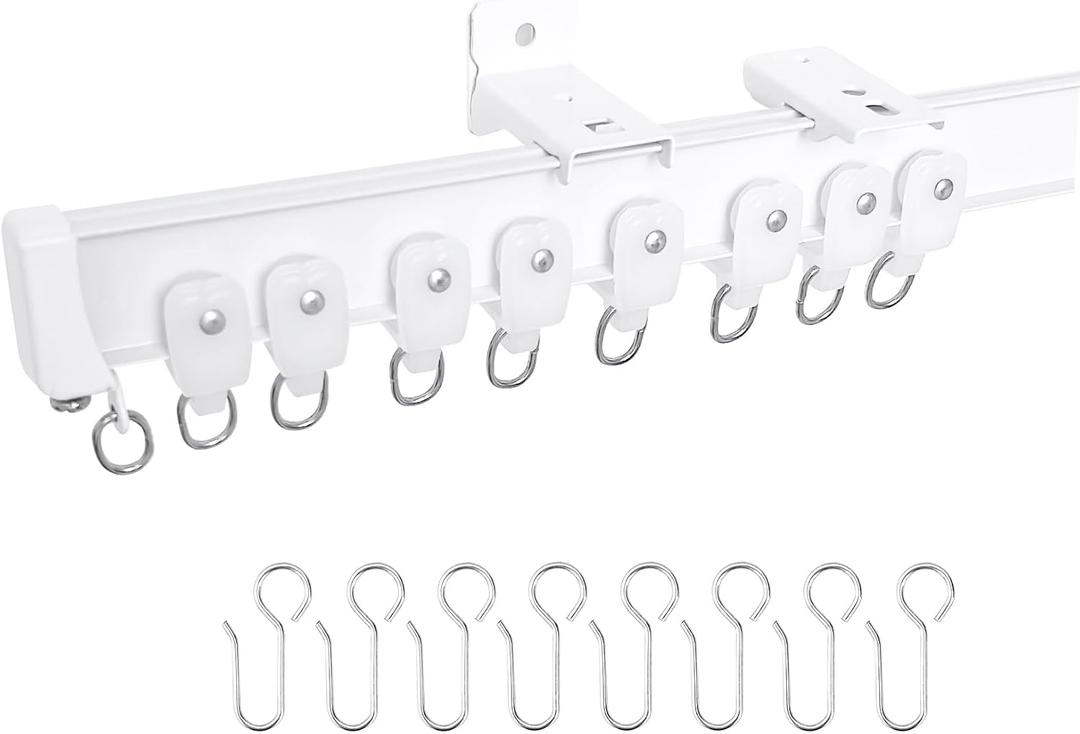 Aluminum Ceiling Curtain Track Set with Hooks Ceiling Mount and Wall Mount Room Divider Sliding Curtain Tracks Rods Flexible Heavy Duty Curtain Rail Hook Sets,White,24FT