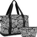 Skull Weekender for Women, Gym Sports Duffle With Flowers, Travel Tote With Toiletry Bag, Shoes Compartment, Dry/Wet Separation Swim Bag
