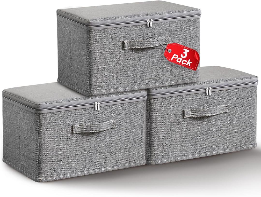 Collapsible Storage Bins for Home Organization,Grey storage Bins Waterproof Fabric Foldable Organizer Boxes [3 Pack], 19.29in x 14.57in x 12.2in (49CM x 37CM x 31CM)