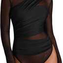 SweatyRocks Women's Sheer Mesh Bodysuit Ruched Mock Neck Long Sleeve Fitted Leotard, Medium
