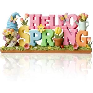 Simgoing 1 Pack Hello Spring Table Decoration Resin Spring Gnome Decorations for Home Pastel Flower Table Sign Festive Floral Statue Tabletop Centerpiece for House Tabletop Tiered Tray Fireplace Decor