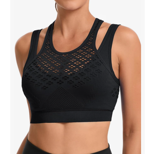 RUNNING GIRL Sports Bras for Women High Support,Seamless Ribbed Longline High Neck Sports Bra Racerback Padded Crop Top Yoga M