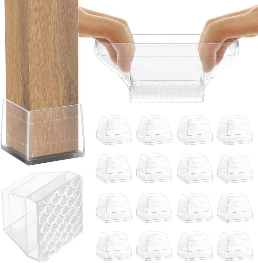 16 Pcs Non Slip Square Chair Leg Protector - Non Skid Furniture Grippers, Anti-Slip Silicone Furniture Feet Caps, Used for Outdoor Protection of Chair Legs(Clear, 1.26-1.54").