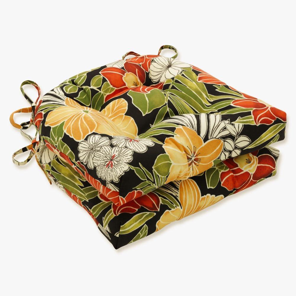 Pillow Perfect Tropic Floral Indoor/Outdoor Chairpad with Ties, Tufted, Weather, and Fade Resistant, 17" x 17.5", Black/Green Clemens, 2 Count