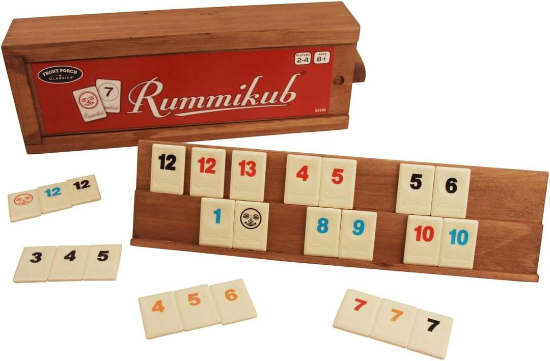 Front Porch Classics, Rummikub Vintage Edition in All-Wood Storage Case with 4 Built-in Player Trays and 106 Rummikub Tiles, for 2 to 4 Players Ages 8 and Up