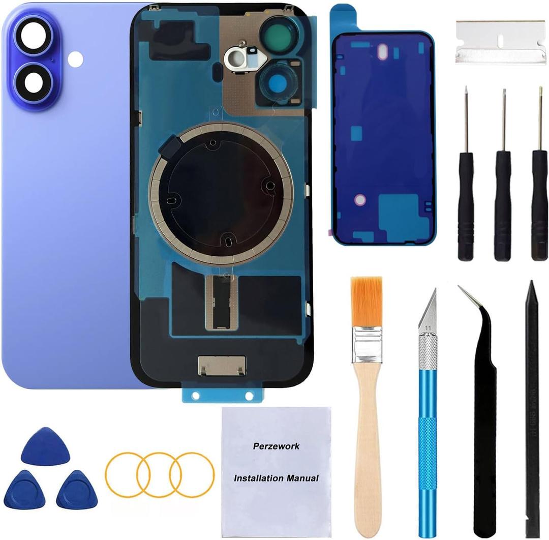 OEM Rear Back Glass Replacement for iPhone 16 6.1-inches + Pre-Installed Plate and Camera Frame and Lens + Reparing Tool Kit (Ultramarine)
