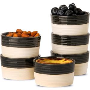 Hasense Porcelain Ramekins 4 oz Oven Safe, Mini Souffle Dishes Set of 6, Stylish Baking Cups, Perfect for Creme Brulee, Ice Cream, Dipping, Desserts, Appetizers, Glossy Black & Matte Ash Gray
