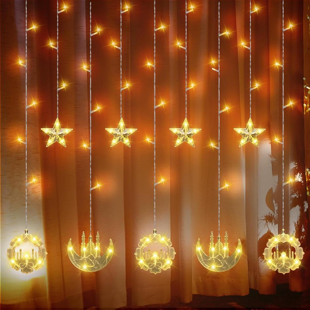 Riakrum 2 Pack Eid Mubarak Fairy Curtain Lights 9.84 ft Star Moon Castle Lights LED Window Star Lights for Ramadan Home Decoration Gifts Wedding Christmas Eid Party Indoor Holiday