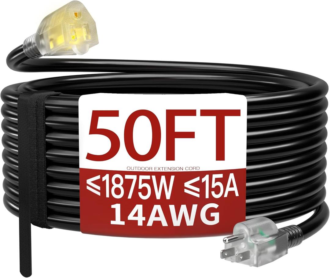 50 FT 14/3 Extension Cord Outdoor, Heavy Duty Weatherproof & Flame Retardant Black 3 Prong Power Cord with Light, Outside for Lawn & Garden, 15 Amps 1875 Watts 125 VAC 14AWG SJTW, ETL Listed