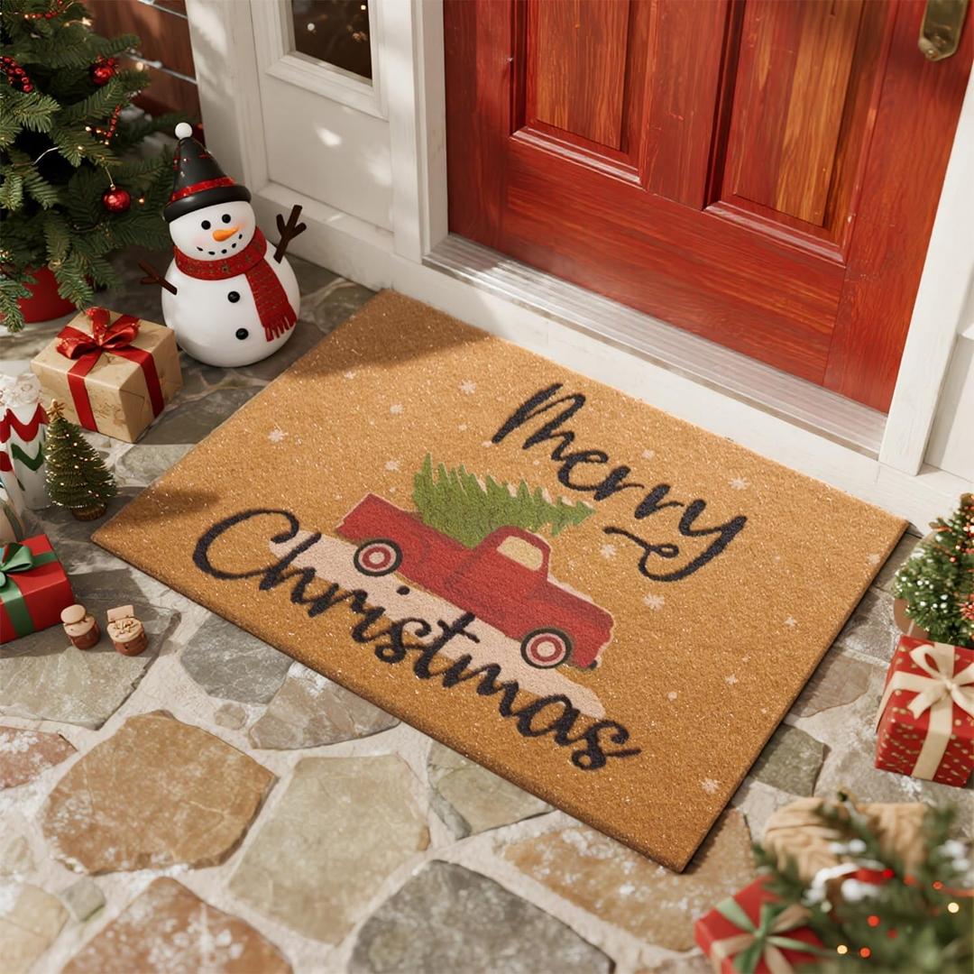 Christmas Doormat, Outdoor & Indoor Merry Christmas Door Mat, Coir Truck Christmas Tree Holiday Door Mats for Front Door Outside Entrances, 17"x30", Red Truck