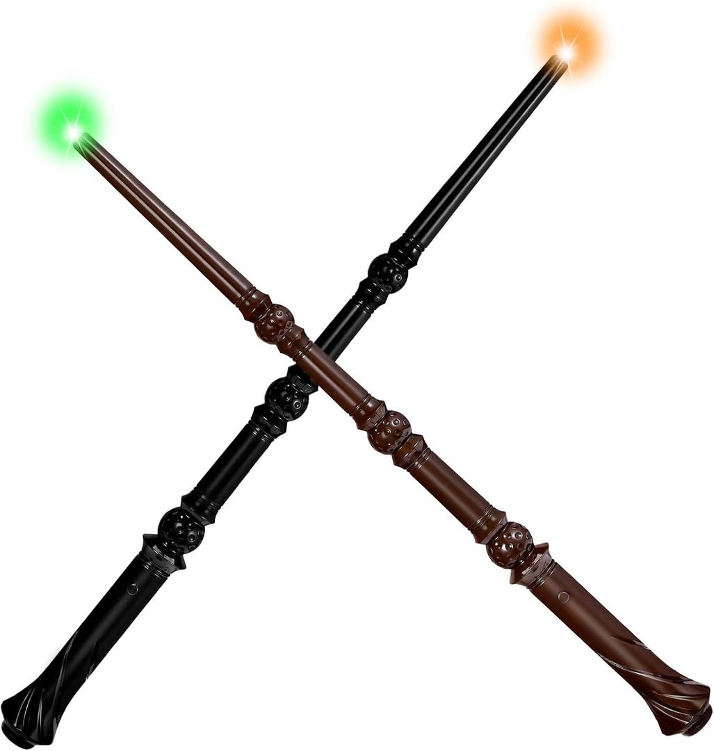Light Up Magic Wizard Wand with Sounds & 4 Lightings Illuminating Witch Sorcerer Toys for Kids Cosplay Party Favors, 2 Pack, Black & Brown