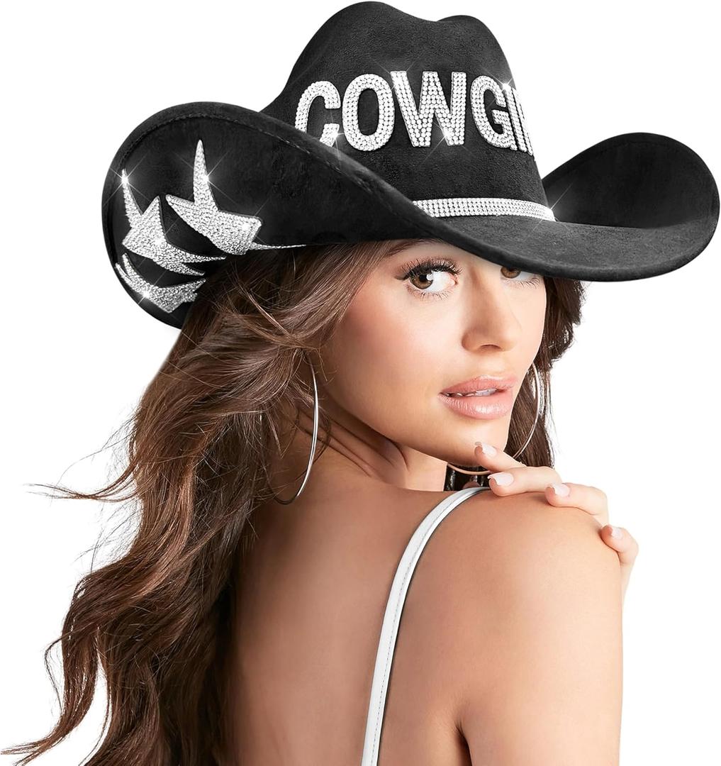 Keilin Cowboy Hats for Women Rhinestone Cowgirl Hat Felt Western Hat Nashville Bachelorette Party Disco DIY Cowgirl Outfits (6 3/4-7 3/8, Black)
