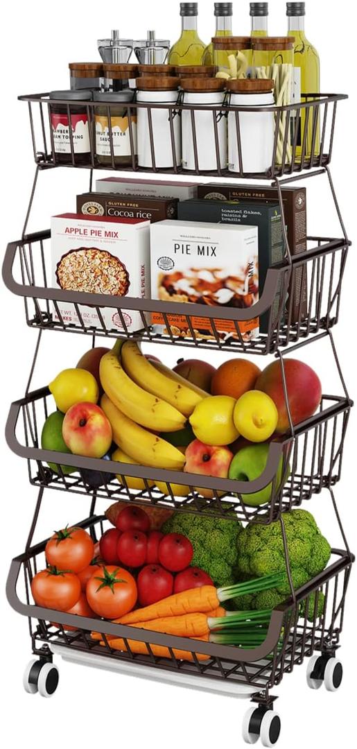 Miyawell Fruit Vegetable Storage Basket for Kitchen  4 Tier Stackable Metal Wire Baskets Cart with Rolling Wheels Utility Fruits Rack Produce Snack Organizer Bins for Pantry Bathroom Laundry Bronze