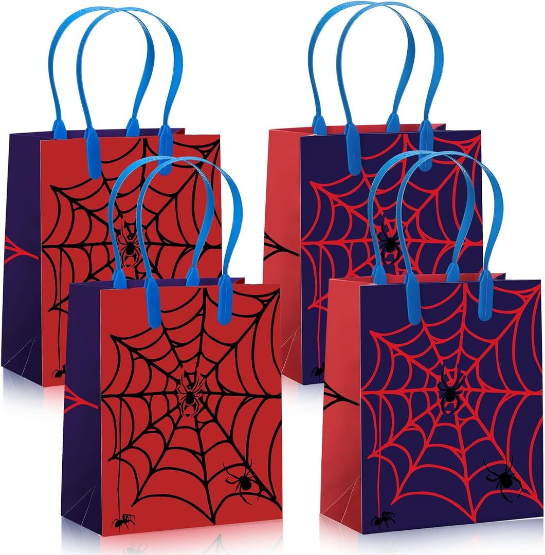 Sadnyy 24 Pcs Gift Bags with Handles Red and Blue Spider Web Cartoon Birthday Party Favor Double Sided Goodie Candy Bags for Birthday Spider Theme Party Supplies