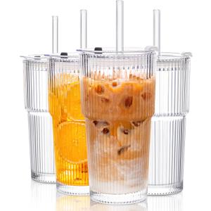 KEMORELA 4-Pack 20 oz Ribbed Glass Tumblers with Lids and Glass Straws Vintage Iced Coffee Cups, Reusable Smoothie & Cocktail Drinking Glasses, Clear Glassware for Home or Cafe