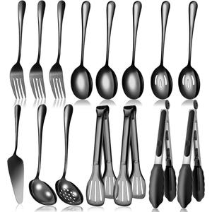 Black Stainless Steel Serving Utensils Set, Large Metal Serving Spoons, Slotted Spoons, Forks, Tongs, Soup Spoons, Skimmer Spoon, Cake Server for Partie, Buffet, Catering, Entertaining 15pcs