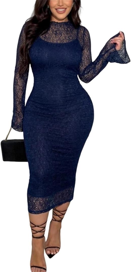 Women's Elegant Bodycon Midi Dress Lace Party Cocktail Wedding Guest Dress, Blue, Medium