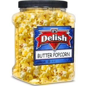 It's Delish Gourmet Butter Popcorn, 6 Oz Reusable Jumbo Container Jar | Vegan Butter Flavored Popcorn | Air Popped Pop Corn Healthy Snacks | Gluten Free, Non-Dairy, Vegan, Kosher, Yellow, White (16 Ounce (Pack of 1)), Best By: 17/JUN/27