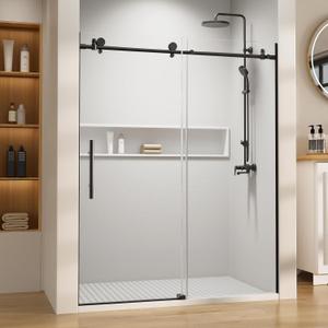 Frameless, 56"-60" W x 74" H Dual Sliding Shower Door, 5/16"(8mm) Thickness SGCC Shower Glass Door, Shower Doors for Walk in Shower, Stainless Steel Handle, Waterproof Seal Strip, Matte Black