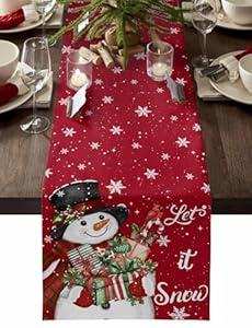 Christmas Table Runner Linen Dresser Scarves 13x70in, Red Snowman Xmas Gift Washable Burlap Table Runners Tabletop Scarf for Holiday Party Dining Tables Decor, Cardinal Garland Snowflake