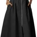 Tomosc Women Sleeveless Midi Dress Summer Casual V Neck Zip Front Smocked Shirt Dress with Pockets (17W-Black-XL)