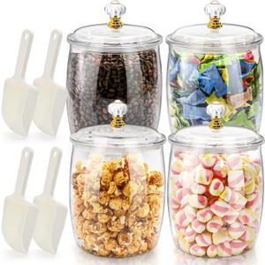 Pumtus 4 Pack Plastic Candy Jar with Lids & Scoops, 0.58 Gallon Clear Airtight Cookie Storage Canister, 75 OZ Large Laundry Detergent Holder, Food Container for Candy Buffet, Flour, Snack, Coffee