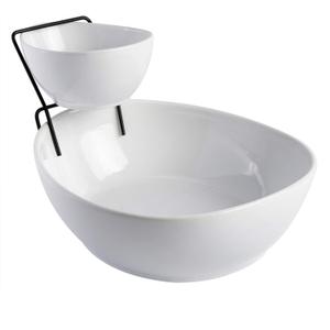 Gibson Home Gracious Dining Dinnerware, 3pc Chip & Dip Set with Metal Rack, White, 101989.03 milliliters