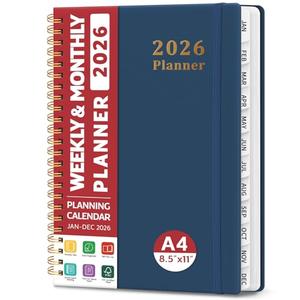 2026 Planner, Weekly and Monthly Calendar Planner, January 2026 - December 2026, Hardcover 2026 Calendar Book with Tabs For Women & Men, Inner Pocket, Spiral Bound, Perfect for Office Home School Supplies - A4 (8.5" x 11"), Navy
