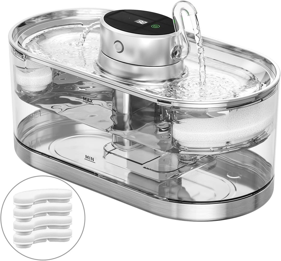 Cat Water Fountain Cordless, 108oz/3.2L Cengcen Wireless Pet Water Fountains Battery Operated 5000mAh, Chew-Proof Charging Cable with Adapter, Stainless Steel Transparent, Premium Edition (CrystalElite Clear)