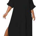 WDIRARA Women's Plus Size Swimwear V Neck Half Sleeve Split Side Cover Up Beach Dress 3XL