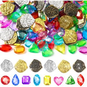 MARFOREVER 180 PCS Pirate Treasure Pool Gems Toys - Dive Toys Set 120 Pool Gems Diamonds and 60 Plastic Gold Coins Summer Throw Diving Toys for Boys Girls Water Beach Sand Pirate Party Supplies Favors