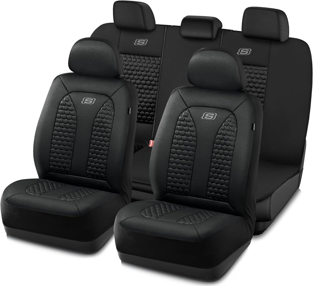 Skechers Memory Foam Car Seat Cover Full Sets, Hexcomb Breathable Thick Seat Covers, Airbag Compatible, Automotive Comfort & Protection for Most Cars,Van,Trucks, SUVs (Black,Full Set)
