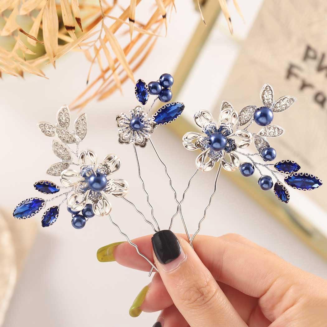 Casdre Crystal Bride Wedding Hair Pins Silver Pearl Bridal Hair Pieces Flower Hair Accessories for Women and Girls(Pack of 3) (B Blue)