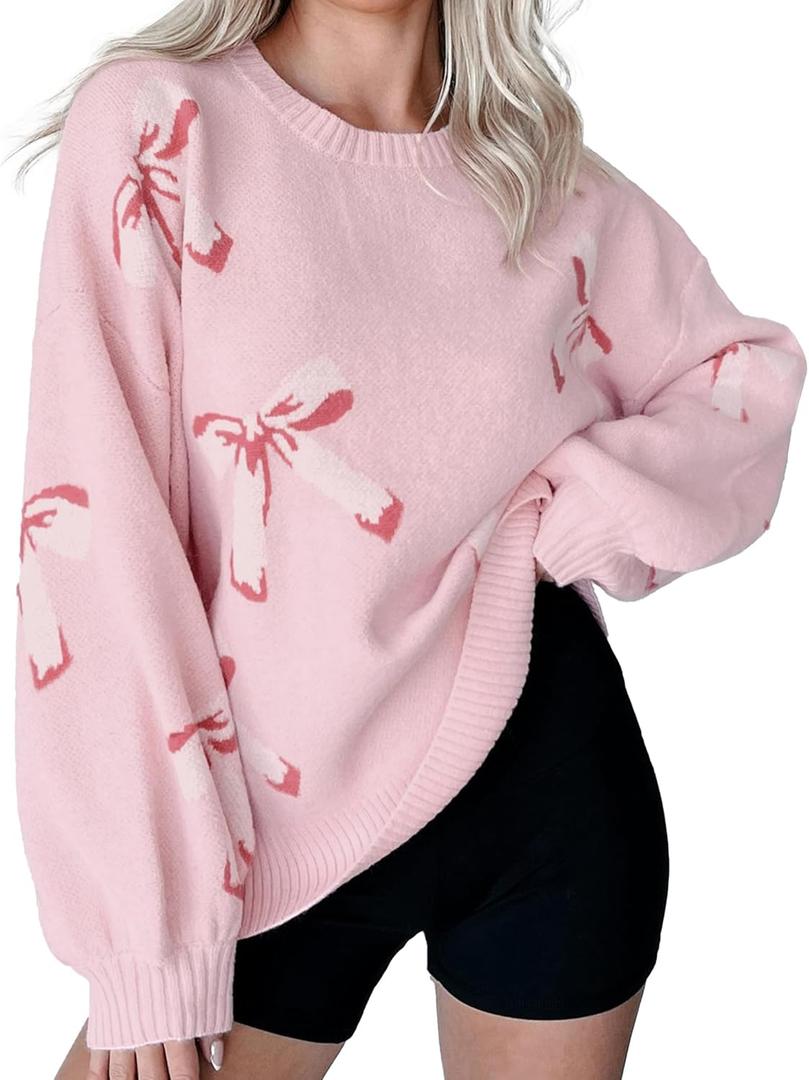 Womens Oversized Cute Bow Tie Sweater Spring 2025 Cozy Chunky Ribbed Knit Crewneck Long Sleeve Pullover Tops (X-Large, Pink)