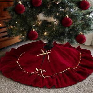 Mini Christmas Tree Skirt Velvet Plush Tiny 30 Inch Dark Red Vintage Christmas Tree Skirts Luxury Miniature Farmhouse Xmas Decorations for Home Party Winter