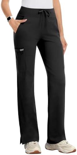 Kecols Yoga Scrub Pants Women High-Rise Straight Leg Uniform Cargo Bottom with Yoga Waistband,5 Pockets & 4-Way Stretch S