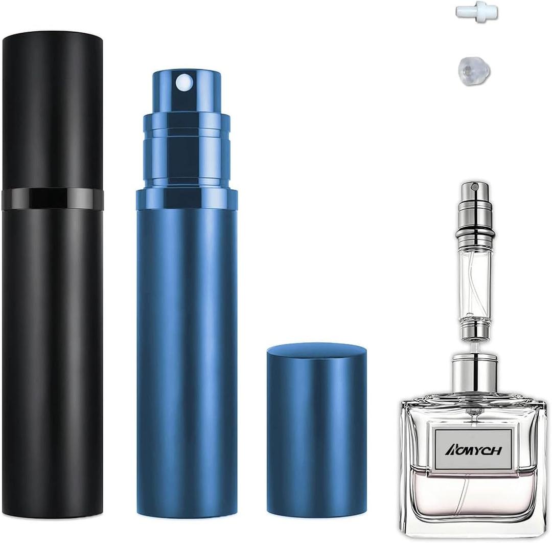 2PCS Perfume Travel Refillable Bottle, Bottom-Filling Fragrances Perfume Atomizer, Empty Mini Cologne Dispenser, Portable Sprayer Pocket Size for On the Go 5ml (Black & Dark Blue)