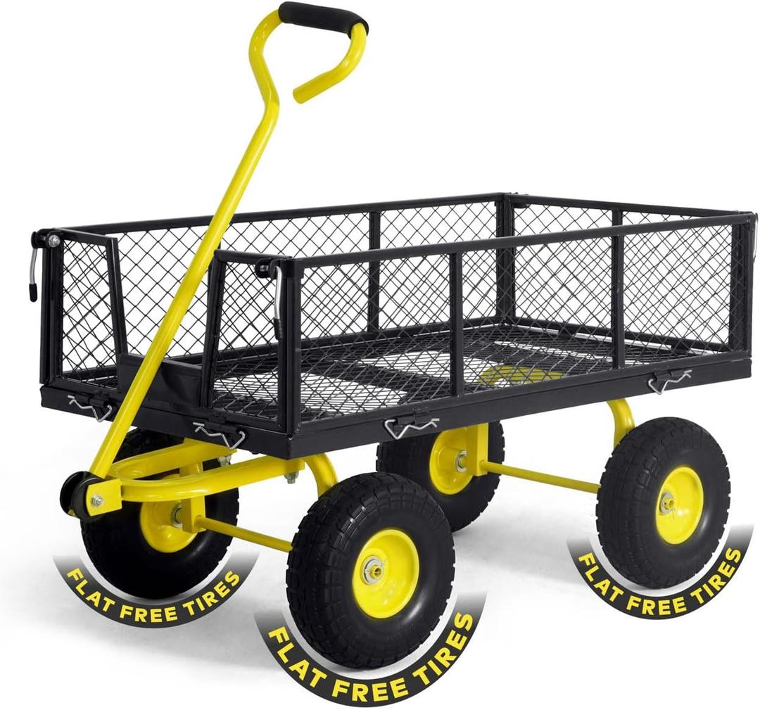 CAPHAUS Metal Black Garden Cart, w/ 180 Adjustable Yellow Handle, w/Mat and Strap, Heavy Duty 880 lbs Capacity, w/ 10 Flat-Free Tires, Sides Removable, Utility Wagon, Lawn Cart, for Garden, Yard