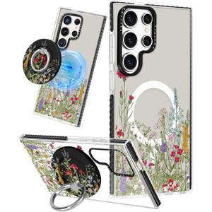 Lotadilo for Samsung Galaxy S24 Ultra Case for Women - Girls Cute Design Compatible with Magsafe Magnetic Ring Holder Stand Flowers Plants Phone Covers Aesthetic Girly TPU Funda for S24 Ultra