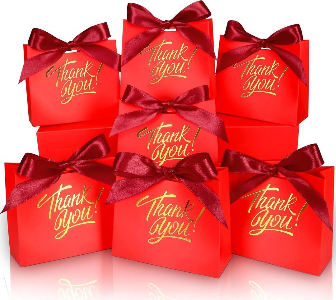 100 Pack Small Thank You Gift Bags, 4.5x1.8x3.9in Party Favor Bags Boxes with Bow Ribbon, Small Paper Gift Bags with Gold Foil Printed, Mini Candy Treat Bags for Birthday Wedding Party Holiday (Red)