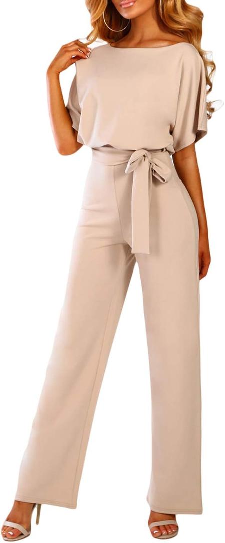Happy Sailed Womens Loose Short Sleeve Belted Wide Leg Pant Romper Jumpsuit Business Casual One Piece Outfits (X-Large)