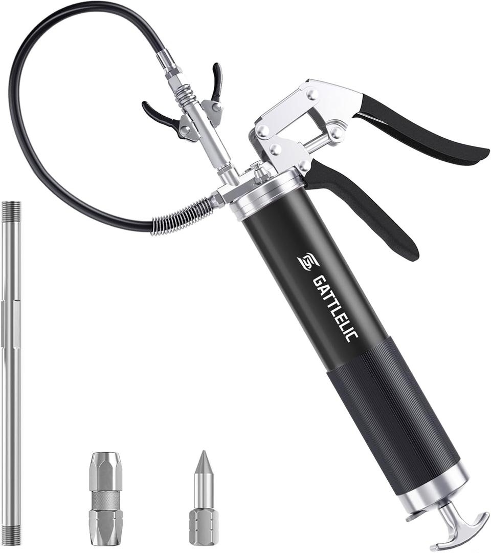 Grease Gun Kit, 8000 PSI Heavy Duty Grease Gun with Grease Coupler, 14oz Pistol Grip Grease Gun with 12 Inch Spring Flex Hose, Sharp Nozzle, Extension Rigid Pipe, Black