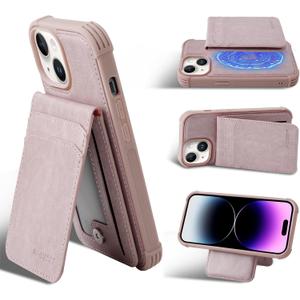 MONASAY Magsafe Wallet Case Compatible for iPhone 14 Plus 6.7 inch, [Supports Wireless Charging] [Screen Protector] Magnetic Leather Phone Cover with Detachable RFID Blocking Card Holder, Pinksand