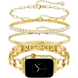 JR.DM Gold Watch Bands and 3Pcs 18k Golden Bracelet Set for Women Compatible with Apple Watch 42mm(S3/2/1)/44/45/46/49mm Adjustable Metal Dressy Bracelet for iWatch Series 11/10/9/8/7/6/5/4/SE/3/2/1
